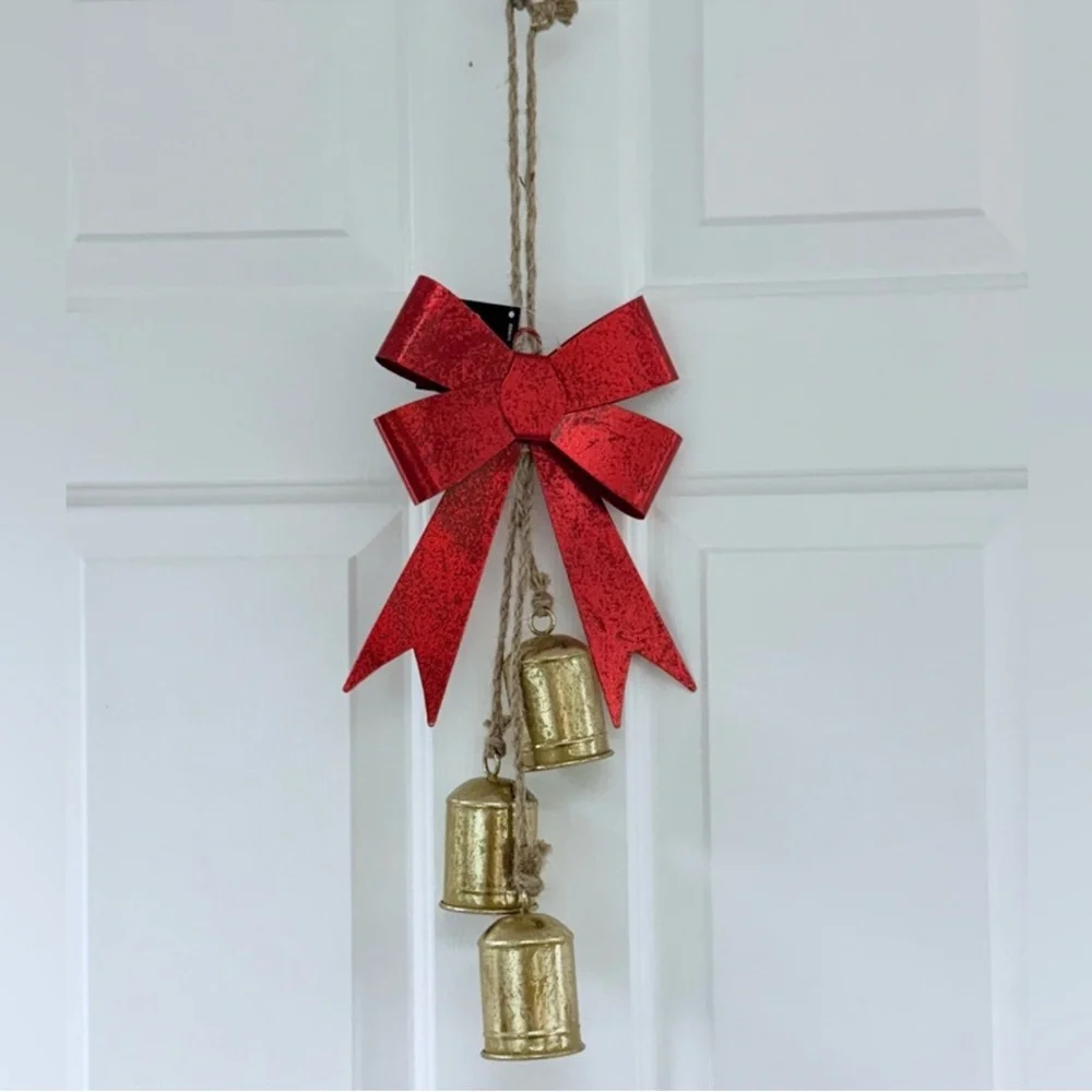 Hobby Lobby Metal & Jute Red Metallic Bow & Gold Jingle Bells Holiday Decor, New